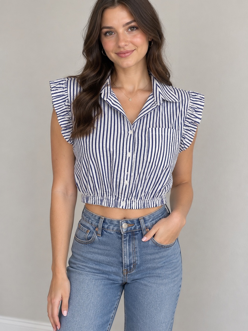 Marc New York Blue & White Striped Ruffle-Sleeve Button-Down Top – Women’s Small